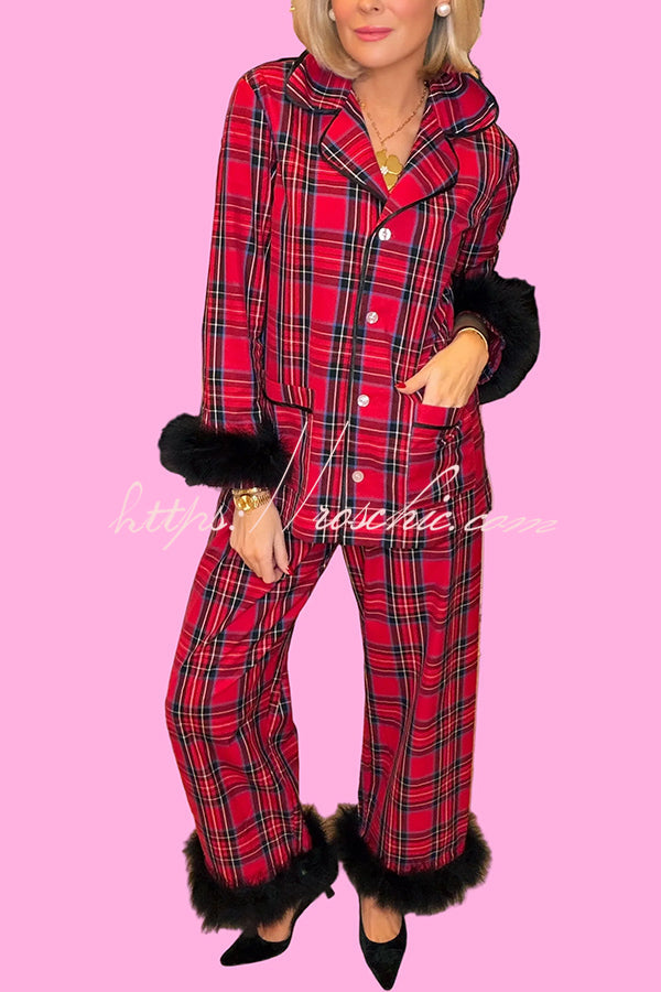 Plaid Contrast Feather Sleeve Pajama Set with Elastic Waist