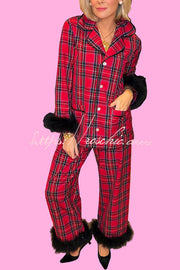 Plaid Contrast Feather Sleeve Pajama Set with Elastic Waist
