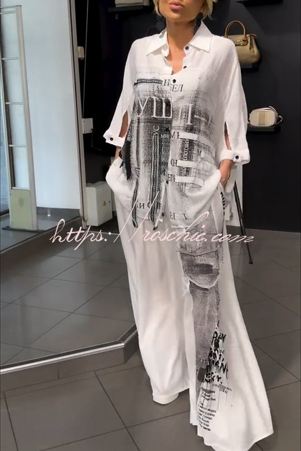 Graffiti Print Blouse & Wide Leg Pants Set | Casual Co-ord