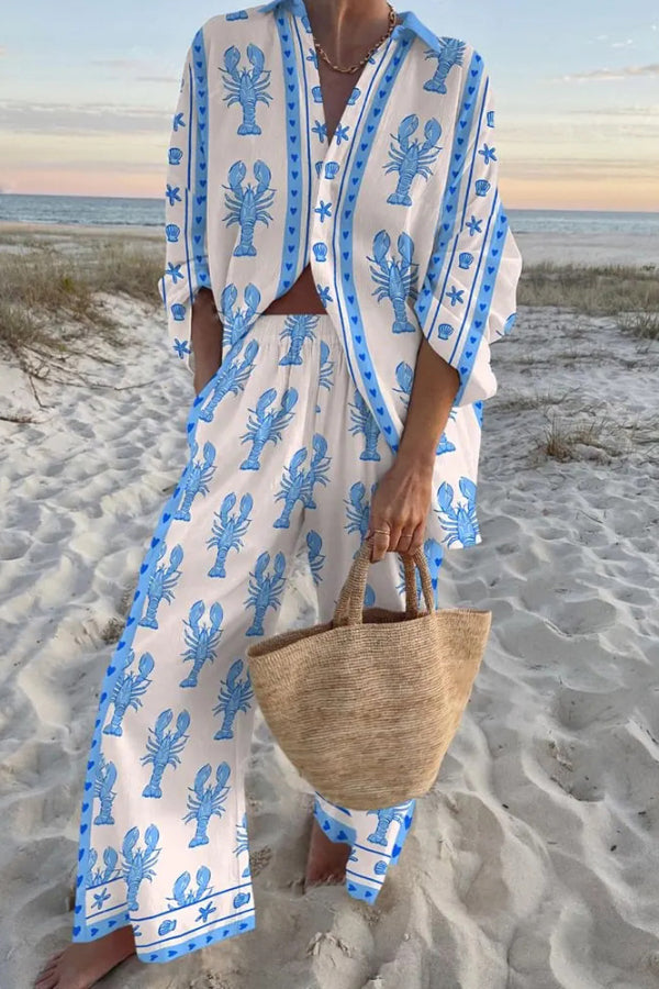 Blue Lobster Print Oversized Shirt & Pants Set