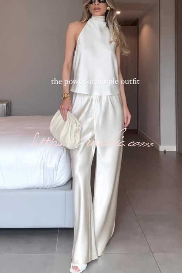 Satin Halter Two-Piece Wide Leg Pants Set