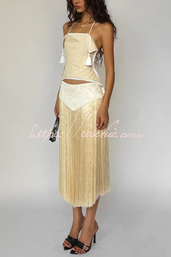 Lace Appliqué Tassel Hem Maxi Skirt for Vacation