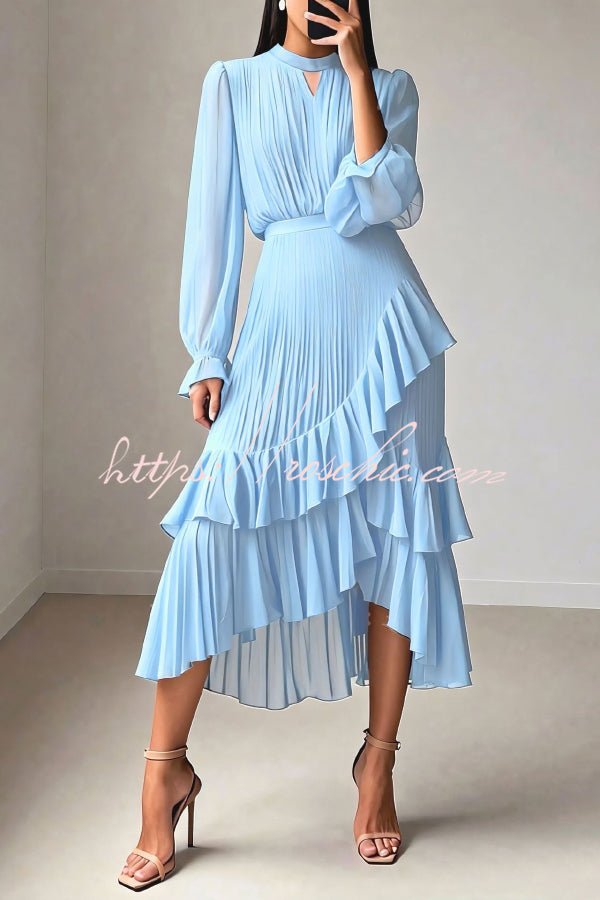 Ruffle Midi Dress Long Sleeve Round Neck Fitted Waist