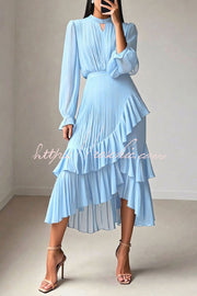 Ruffle Midi Dress Long Sleeve Round Neck Fitted Waist
