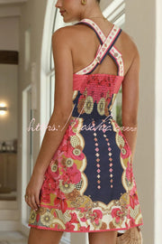 Printed Square Neck Sleeveless Mini Dress with Pockets