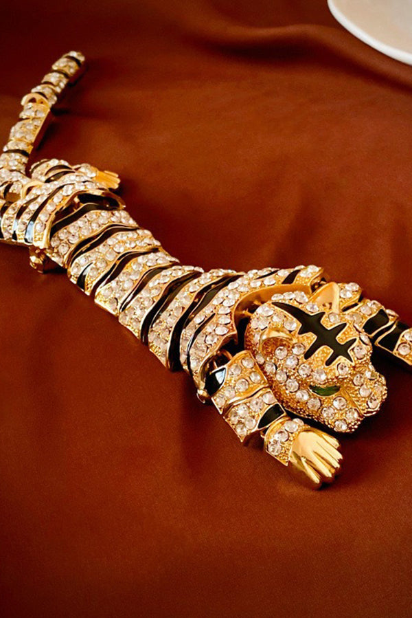 Vintage Rhinestone Tiger Brooch | Zinc Alloy Statement Pin