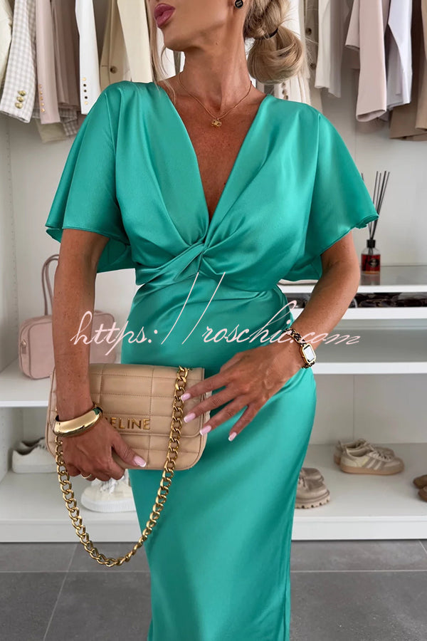 Satin V-Neck Cross Knot Slim Maxi Dress