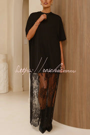 Lace Hem Maxi Dress – Loose Fit Short Sleeve Vacation Dress
