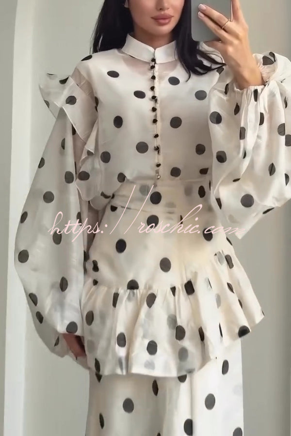 Polka Dot Ruffle Maxi Dress with Stand Collar