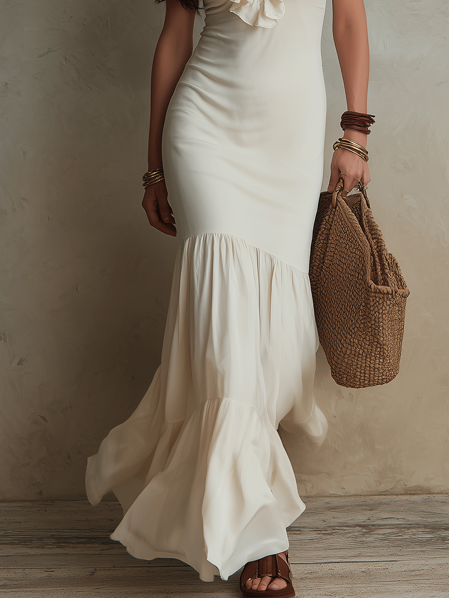 Ivory White Ruffle Trim Mermaid Maxi Dress | Resort Wear
