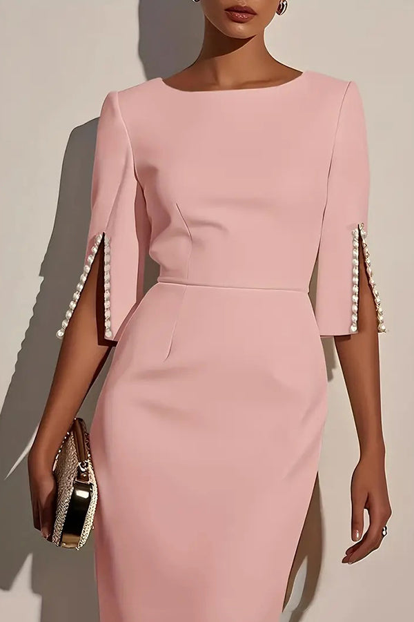 Beaded Round Neck Half Sleeve Slim Midi Dress