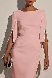 Beaded Round Neck Half Sleeve Slim Midi Dress