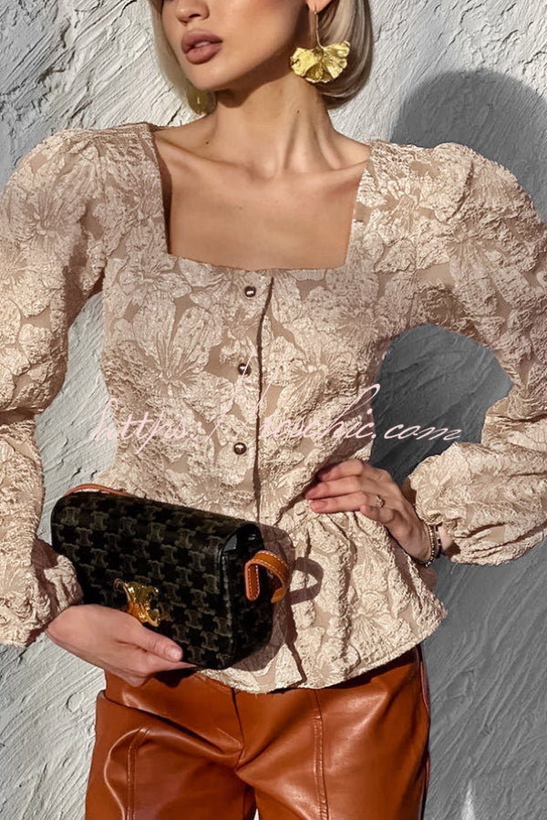 Jacquard Square Neck Puff Sleeve Button Top