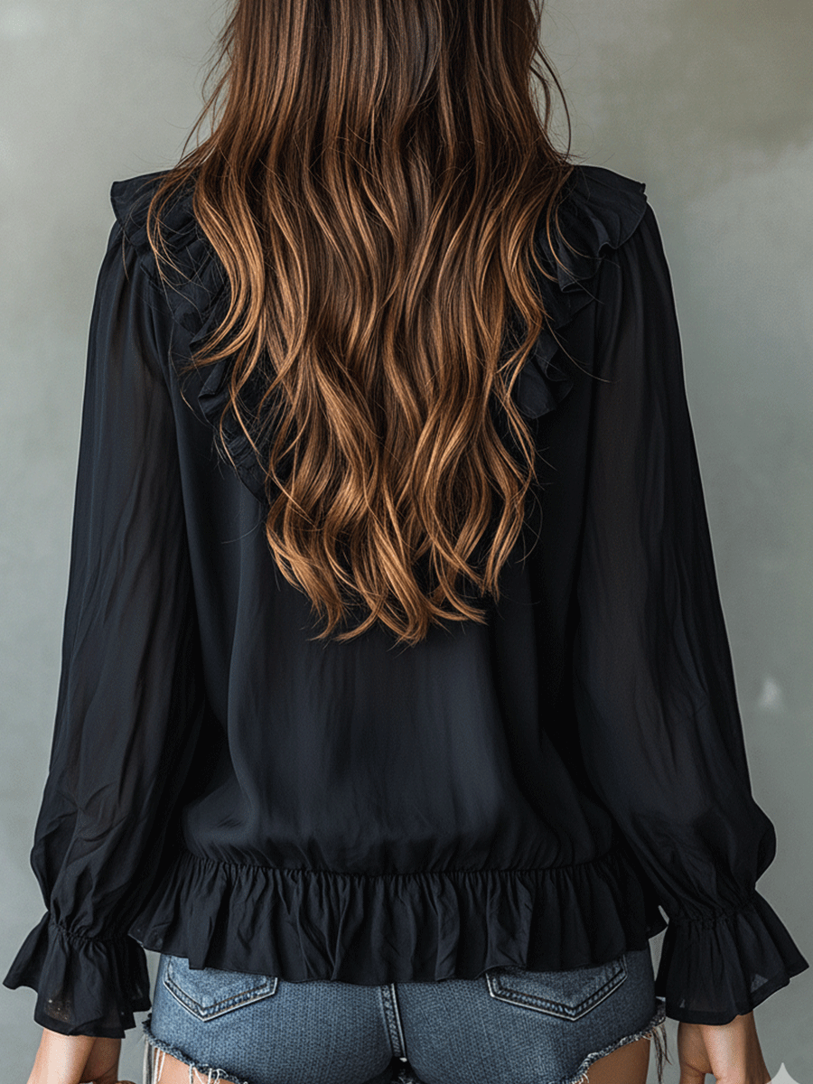 Ruffle Trim V-Neck Long Sleeve Black Blouse