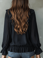 Ruffle Trim V-Neck Long Sleeve Black Blouse