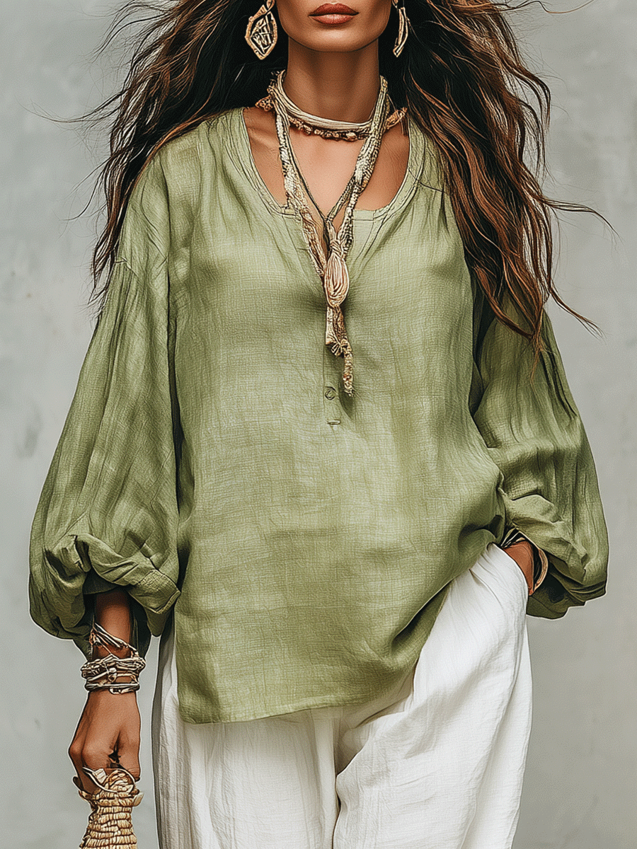 Sage Linen Blouse & Relaxed White Trousers Pants Set