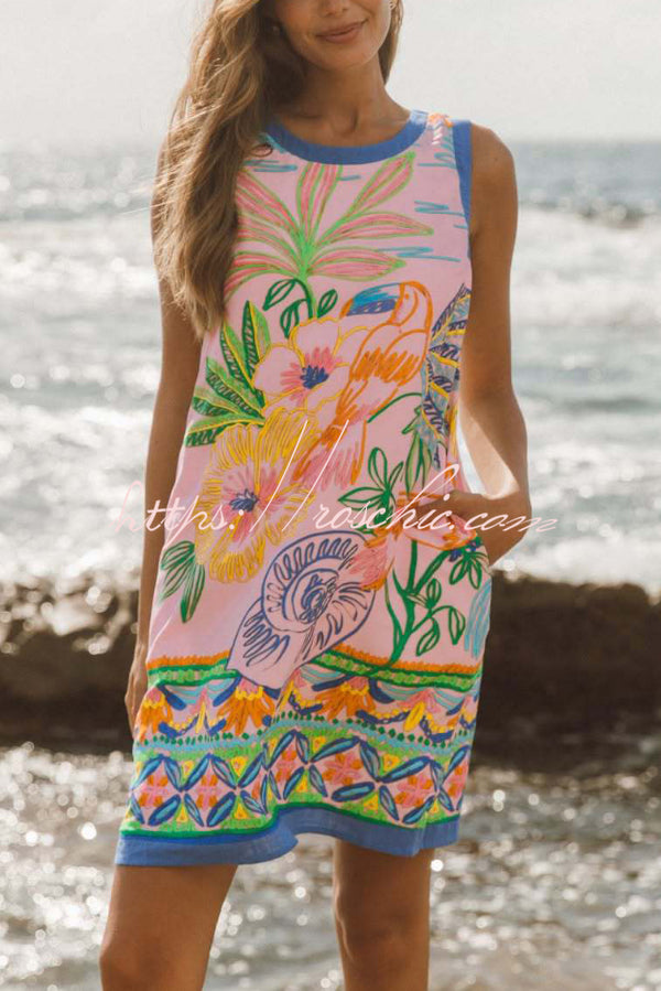 Printed Sleeveless Loose Mini Dress with Pockets
