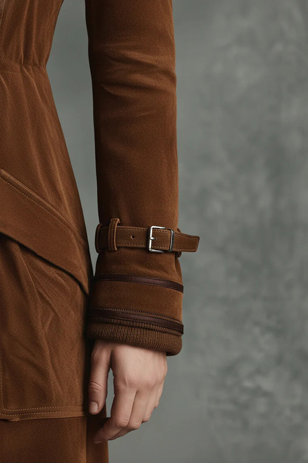 Women's Suede Lapel Long Trench Coat with Pockets