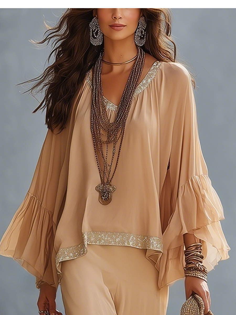 Nude Wide Leg Pants Set With Sequin-Trimmed Ruffles