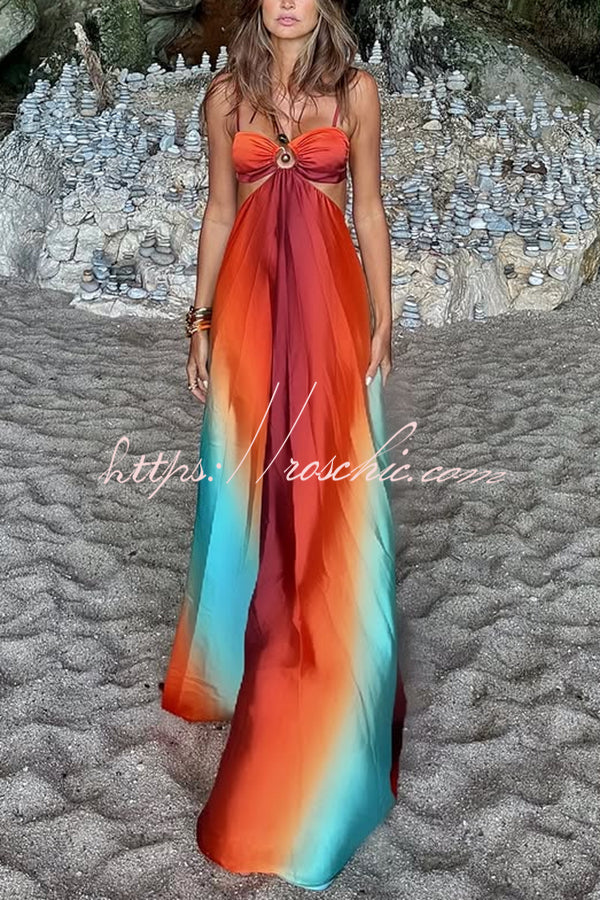 Neon Sunset Print Cutout Back Tie-Up Maxi Dress