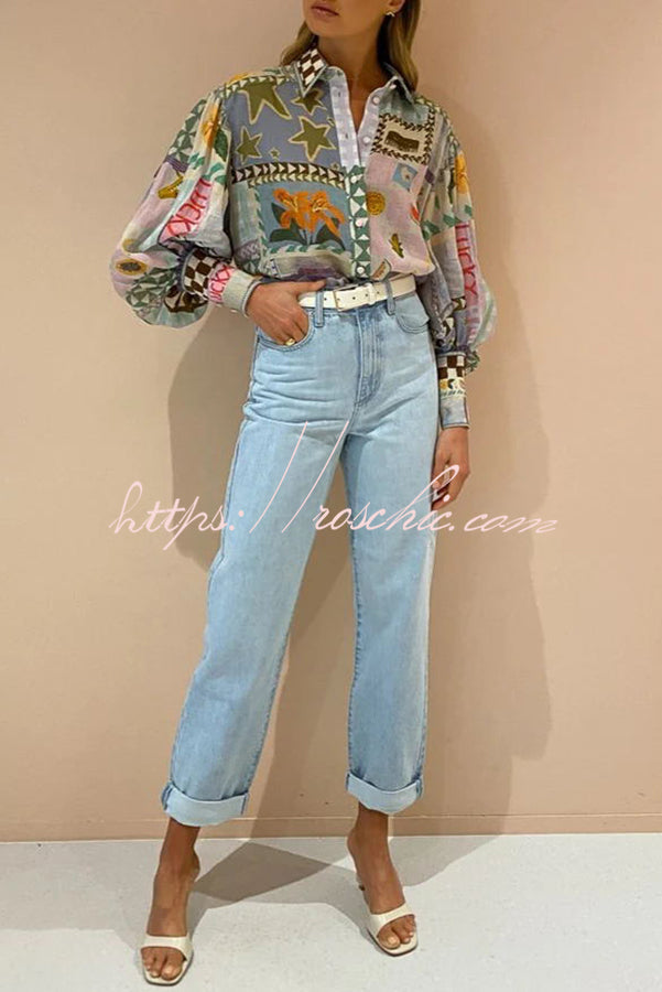 Printed Balloon Sleeve Loose Button Shirt | Vacation Top