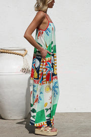 Printed Square Neck Sleeveless Maxi Dress with Pockets
