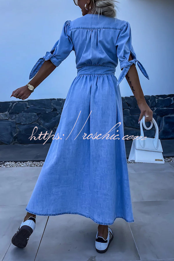 Denim Midi Dress V-Neck Button-Down Half Sleeve Loose Fit