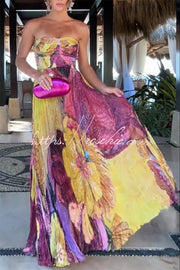 Robe longue plissée sans manches à col en cœur et imprimé floral