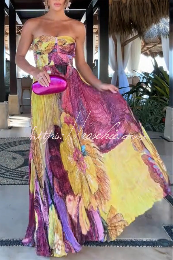 Floral Print Sweetheart Neck Sleeveless Pleated Maxi Dress