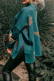 Leopard Print High Neck Relaxed Sweatshirt with Side Slit