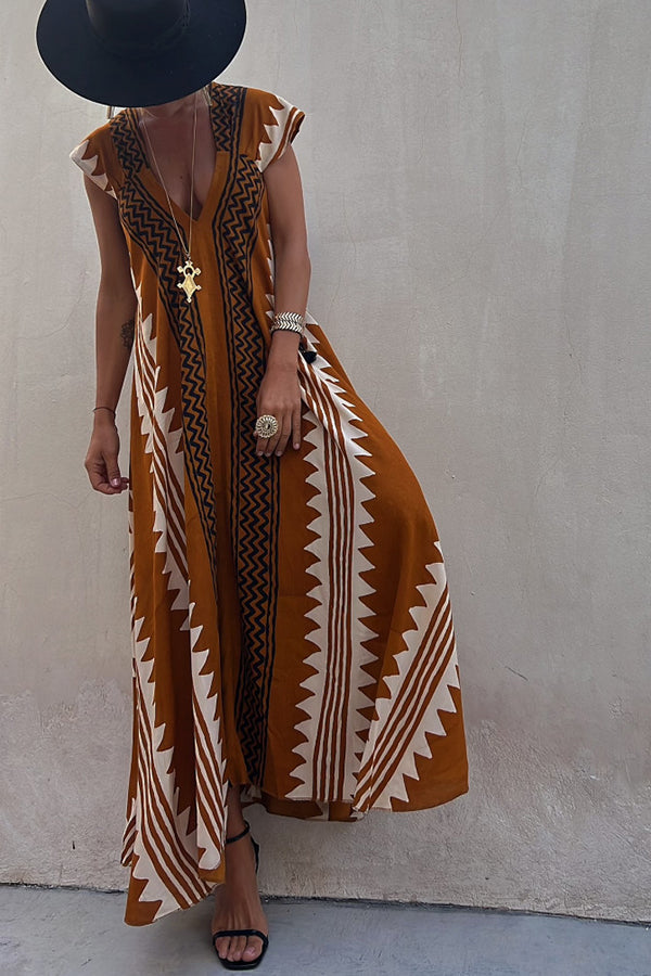 Ethnic Print V-Neck Maxi Dress – Loose Fit Vacation Style