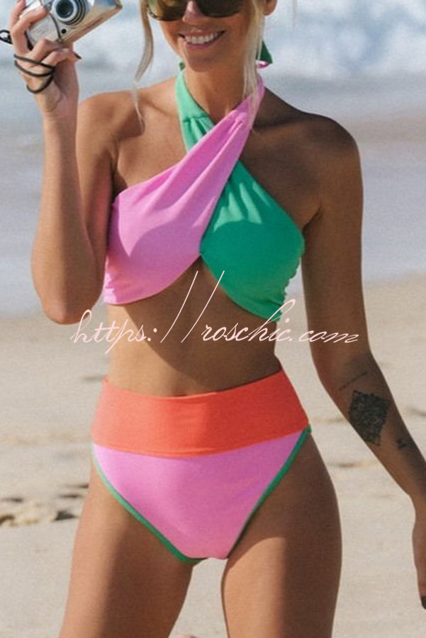Ribbed Color Block Halter Neck High Rise Bikini Set
