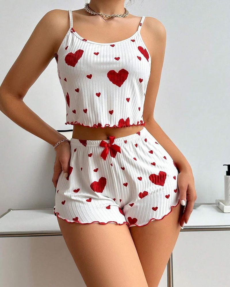 Duniii Heart Print Lettuce-Trim Cami & Shorts Pajama Set