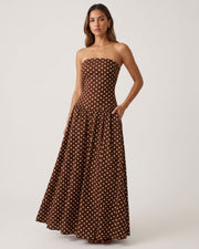 Vintage Polka Dot Strapless Ruffle Maxi Dress