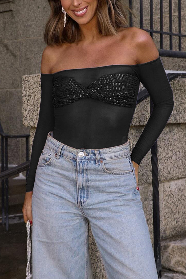 Sequin Mesh Bardot Off-Shoulder Long Sleeve Top