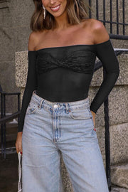 Sequin Mesh Bardot Off-Shoulder Long Sleeve Top