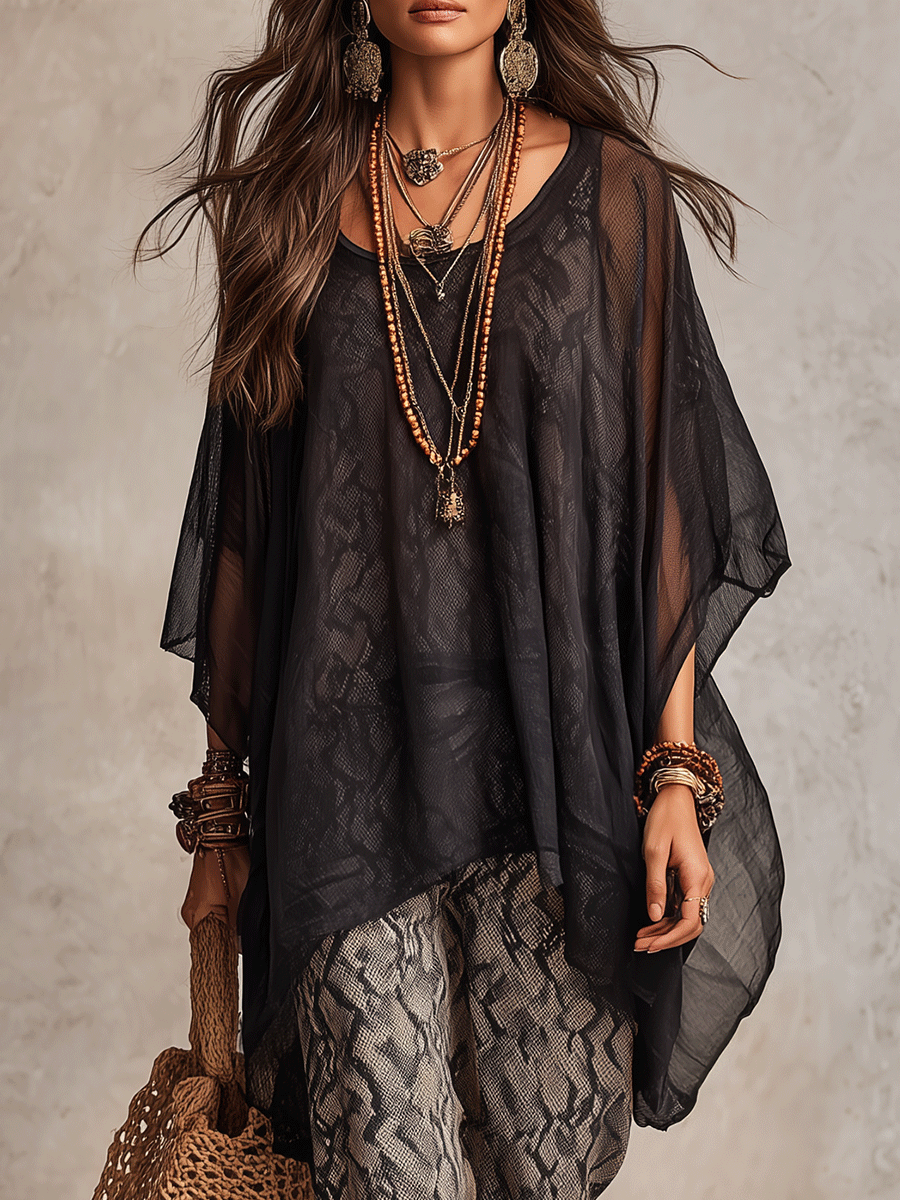 Sheer Oversized Top and Wide-Leg Pants Set
