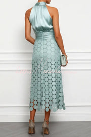 Satin Ruched Halter Neck Midi Dress with Polka Dot Hem