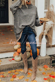 Striped Tunic Sweater with Pockets – Loose High Neck