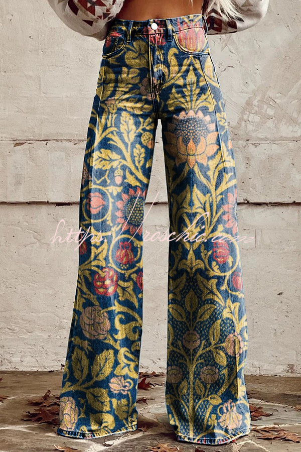 Pantalon en denim à jambe large et imprimé floral avec poches
