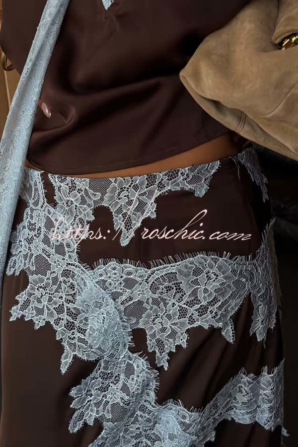 Chocolate Brown Satin Lace Trim Mid Rise Maxi Skirt