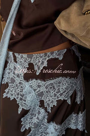 Chocolate Brown Satin Lace Trim Mid Rise Maxi Skirt