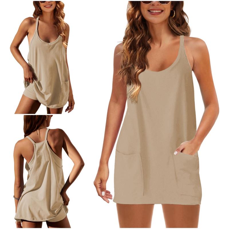 UANEO Women's Summer Sleeveless Mini Dress V Neck Spaghetti Straps Athletic Built-in Shorts Sundress SummerVibes