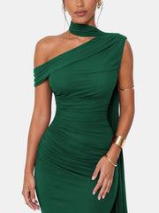 One Shoulder Formal Evening Gown with Built-In Bra, Ruched Mesh
