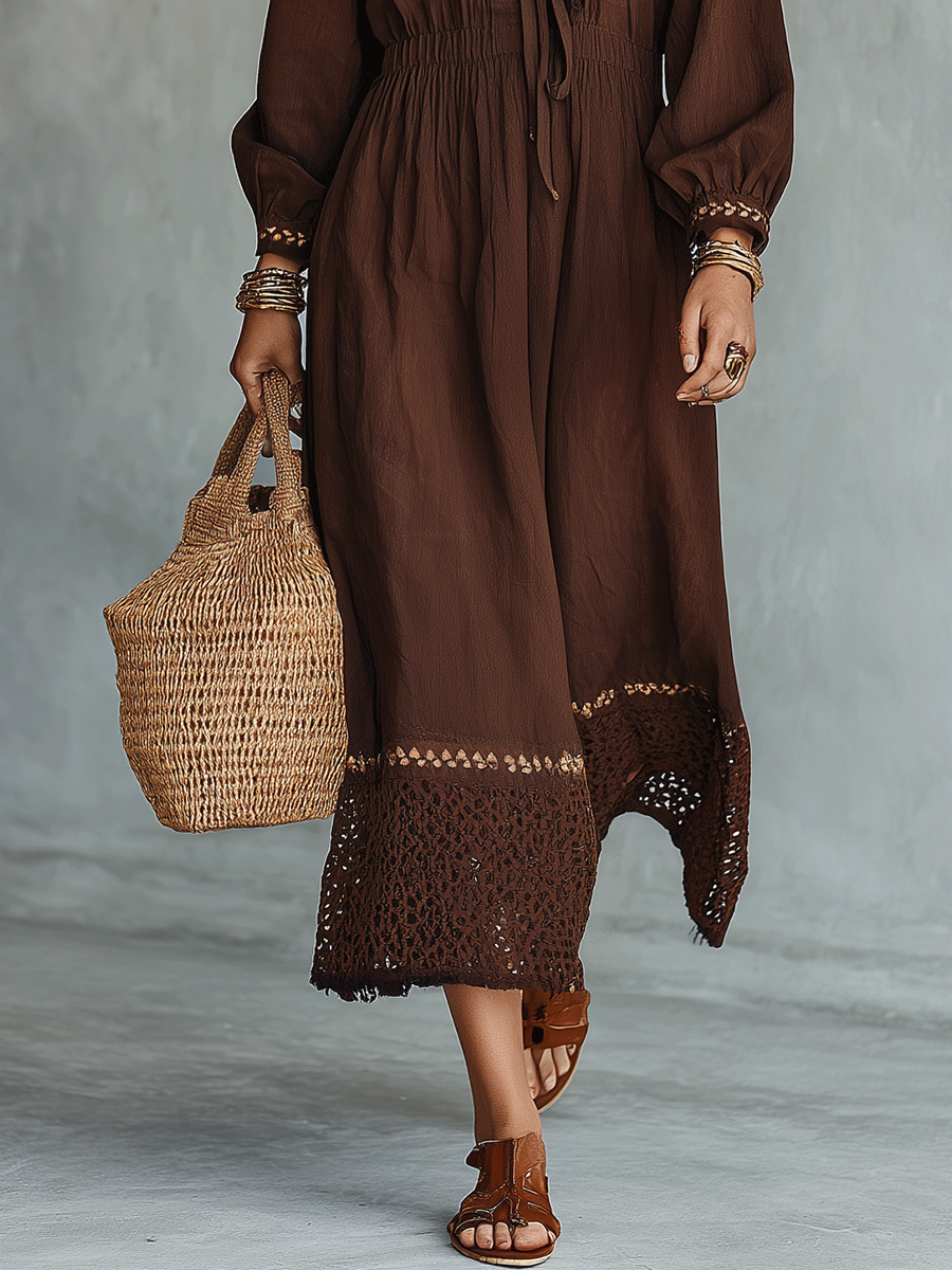 Crochet Hem Boho Maxi Dress in Espresso Brown | Resort Wear