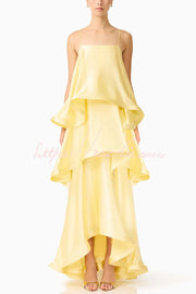 Satin Tiered Maxi Dress – Square Neck Sleeveless A-Line