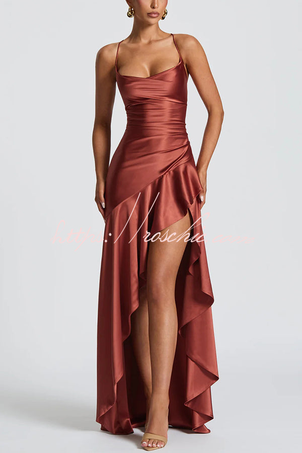 Backless Lace-Up Ruffle Maxi Dress – Spaghetti Strap