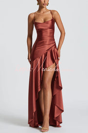 Backless Lace-Up Ruffle Maxi Dress – Spaghetti Strap