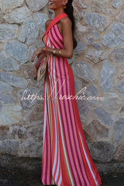 Linen Blend Striped Cross Halter Flare Maxi Dress