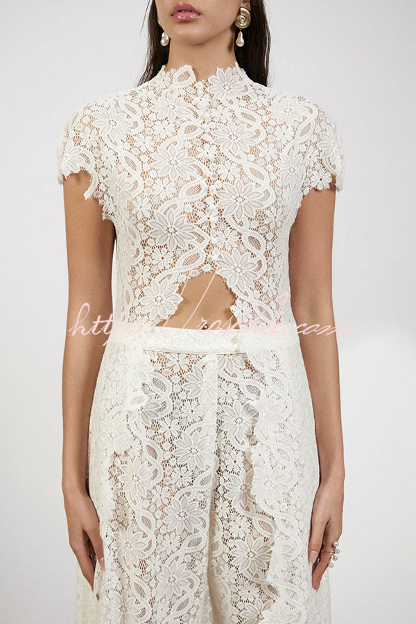 Floral Lace Two-Piece High Neck Top and Wide Leg Pants Set